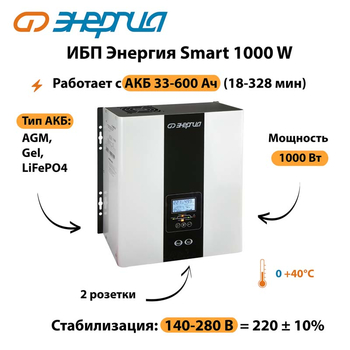 ИБП Энергия Smart 1000W - ИБП и АКБ - Энергия ИБП Smart - . Магазин оборудования для автономного и резервного электропитания Ekosolar.ru в Коврах