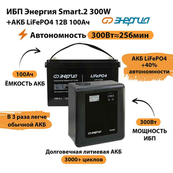 ИБП для котла Энергия Smart 2 300Вт + LiFePO4 Аккумулятор 12v 100Ah (300Вт - 256мин) - ИБП и АКБ - ИБП Энергия - ИБП для котлов отопления - . Магазин оборудования для автономного и резервного электропитания Ekosolar.ru в Коврах