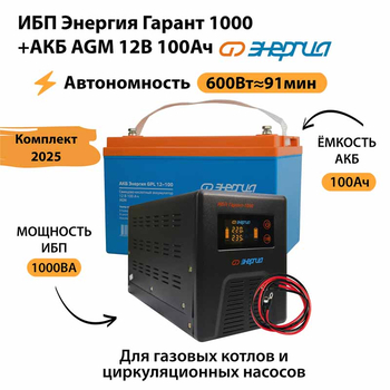 ИБП для котла Энергия Гарант 1000 + Аккумулятор 100 Ач 12 В (600Вт - 91мин) - ИБП и АКБ - ИБП для котлов - . Магазин оборудования для автономного и резервного электропитания Ekosolar.ru в Коврах