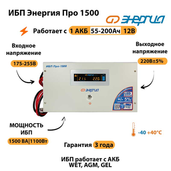 Энергия ИБП Про 1500 12В - ИБП и АКБ - ИБП для котлов - . Магазин оборудования для автономного и резервного электропитания Ekosolar.ru в Коврах