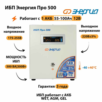 Энергия ИБП Про 500 12В - ИБП и АКБ - ИБП для котлов - . Магазин оборудования для автономного и резервного электропитания Ekosolar.ru в Коврах