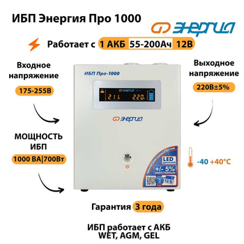 Энергия ИБП Про 1000 12В - ИБП и АКБ - ИБП для котлов - . Магазин оборудования для автономного и резервного электропитания Ekosolar.ru в Коврах