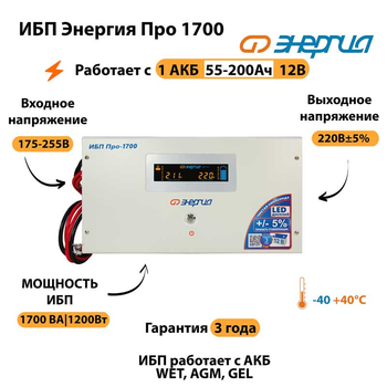 Энергия ИБП Про 1700 12В - ИБП и АКБ - ИБП для котлов - . Магазин оборудования для автономного и резервного электропитания Ekosolar.ru в Коврах