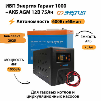 ИБП для котла Энергия Гарант 1000 + Аккумулятор 75 Ач 12 В (600Вт - 68мин) - ИБП и АКБ - ИБП для котлов - . Магазин оборудования для автономного и резервного электропитания Ekosolar.ru в Коврах
