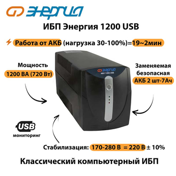 Энергия ИБП 1200 USB - ИБП и АКБ - ИБП для компьютера - . Магазин оборудования для автономного и резервного электропитания Ekosolar.ru в Коврах