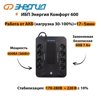 ИБП Комфорт 600 Энергия - ИБП и АКБ - ИБП для компьютера - . Магазин оборудования для автономного и резервного электропитания Ekosolar.ru в Коврах