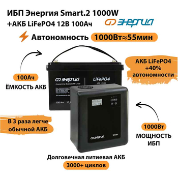 ИБП Энергия Smart.2 1000W + Аккумулятор LiFePO4 12v-100Ah (1000Вт-55мин) - ИБП и АКБ - ИБП Энергия - ИБП на 1 кВА - . Магазин оборудования для автономного и резервного электропитания Ekosolar.ru в Коврах