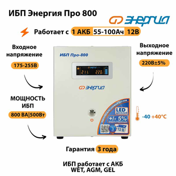 Энергия ИБП Про 800 12В - ИБП и АКБ - ИБП для котлов - . Магазин оборудования для автономного и резервного электропитания Ekosolar.ru в Коврах