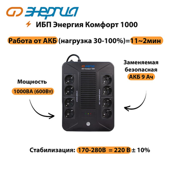 ИБП Комфорт 1000 Энергия - ИБП и АКБ - ИБП для компьютера - . Магазин оборудования для автономного и резервного электропитания Ekosolar.ru в Коврах