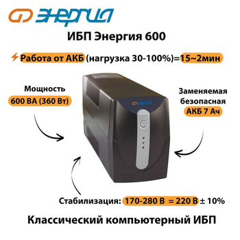 Энергия ИБП 600 - ИБП и АКБ - ИБП для компьютера - . Магазин оборудования для автономного и резервного электропитания Ekosolar.ru в Коврах